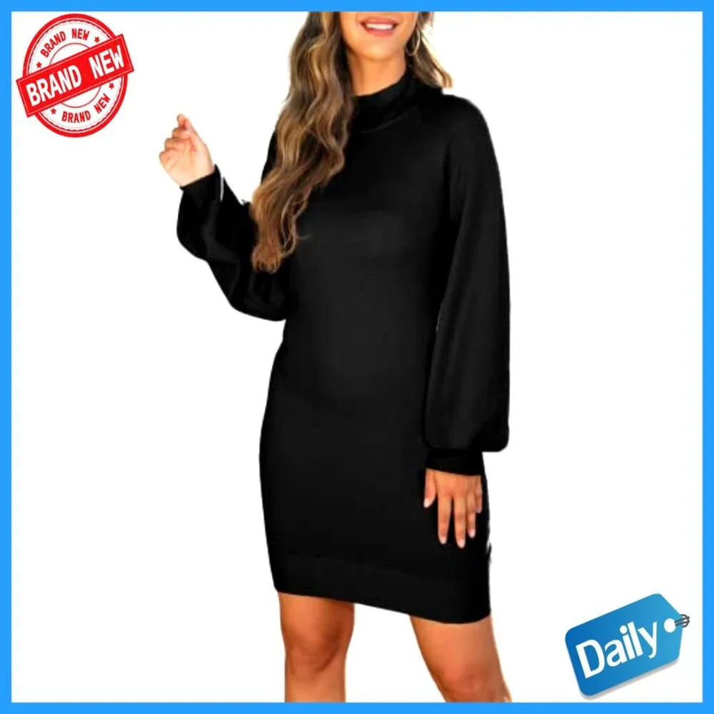 Mock Neck Ribbed Long Sleeve Bodycon Pullover Mini Sweater Dress Chic - Picture 5 of 7